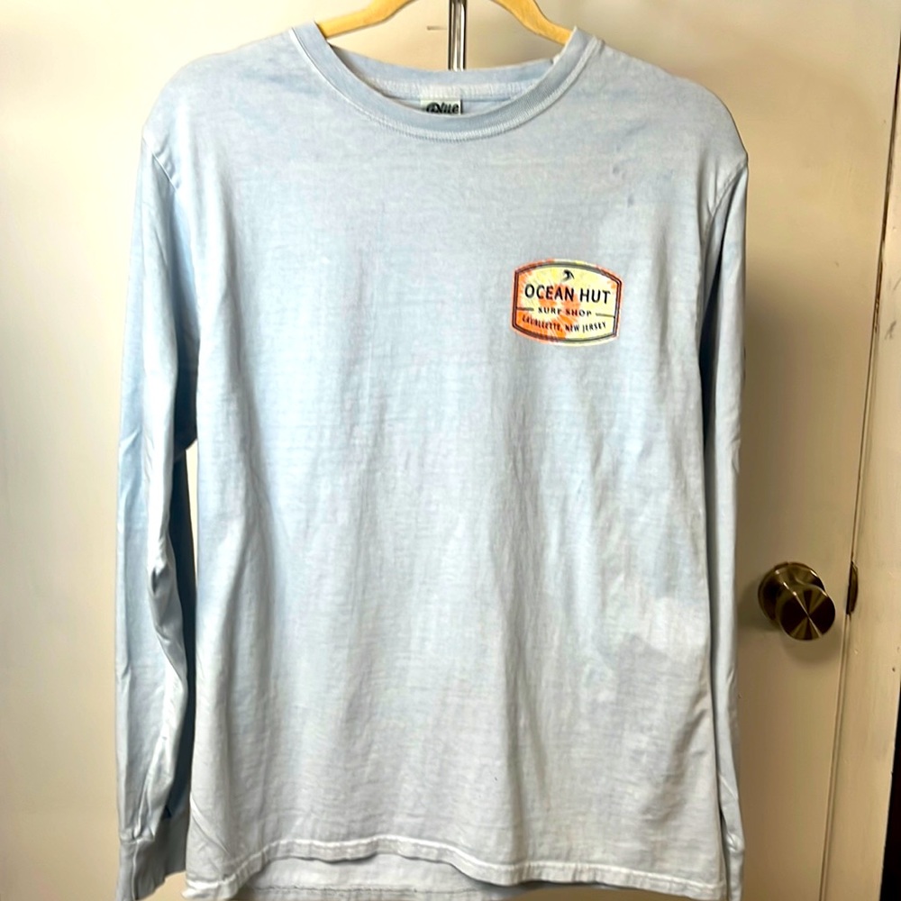 Blue 84, Surf shop long sleeve mens shirt Size S, summer blue w color accents